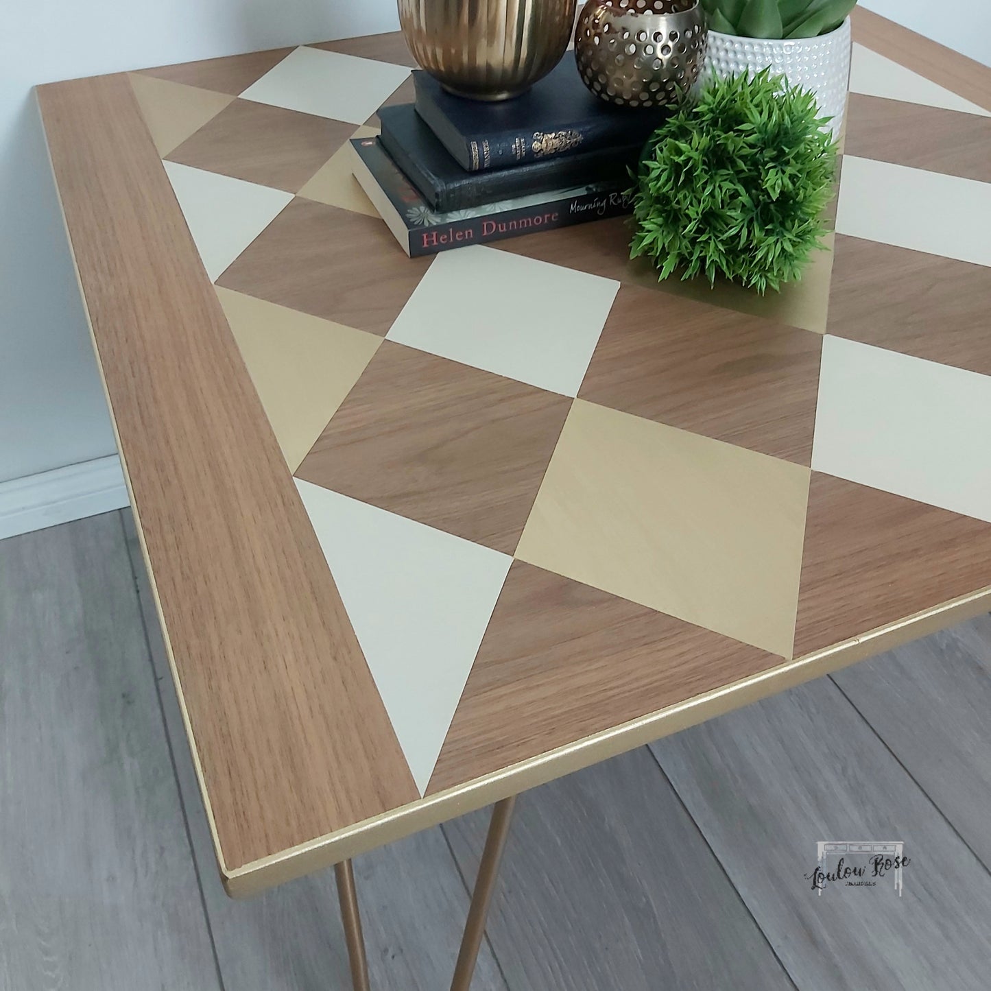 Coffee Table, Side Table with Hairpin Legs and a Geometric Design in Gold and Cream