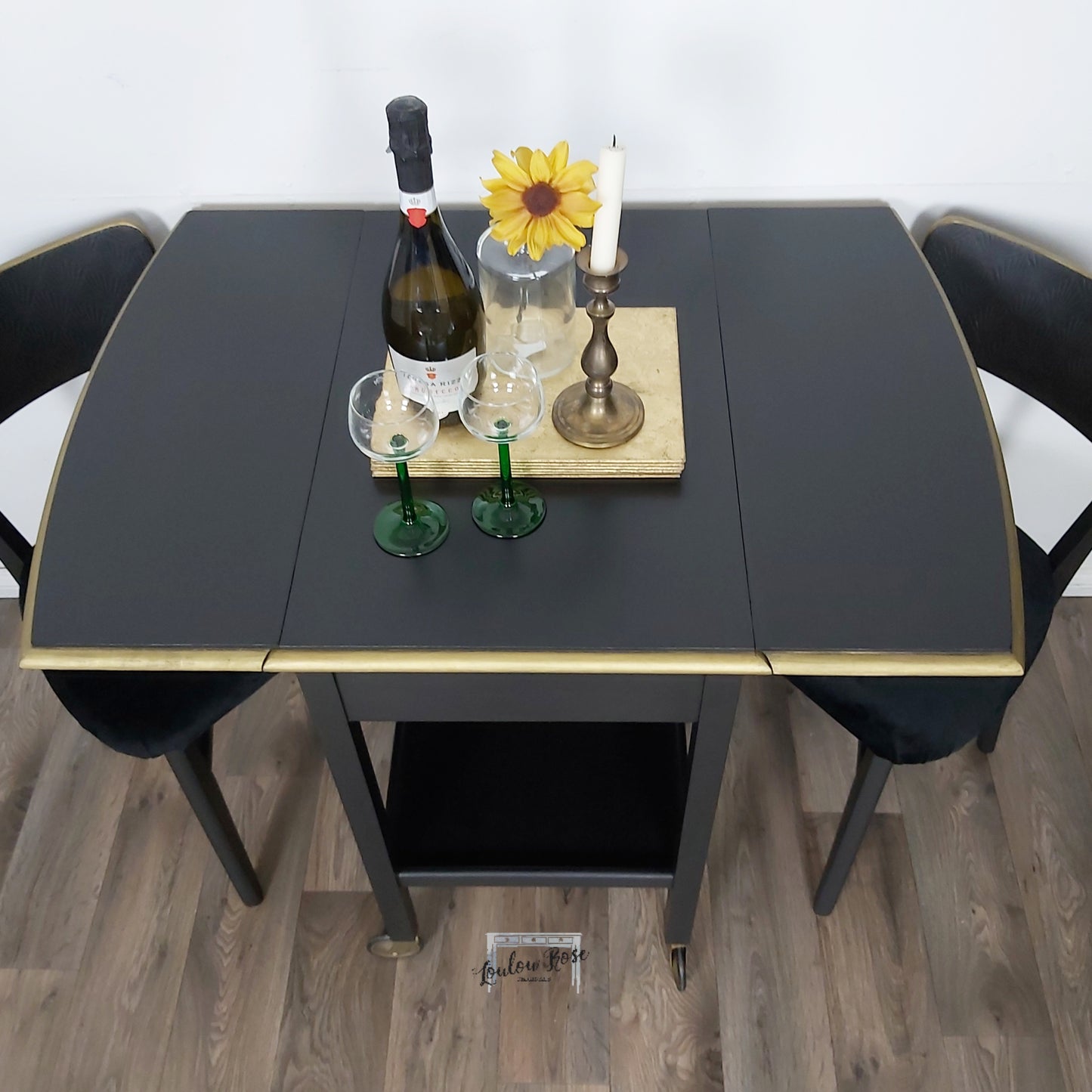 Trolley Table and Chairs in Black and Gold, Drinks Trolley Dining Set