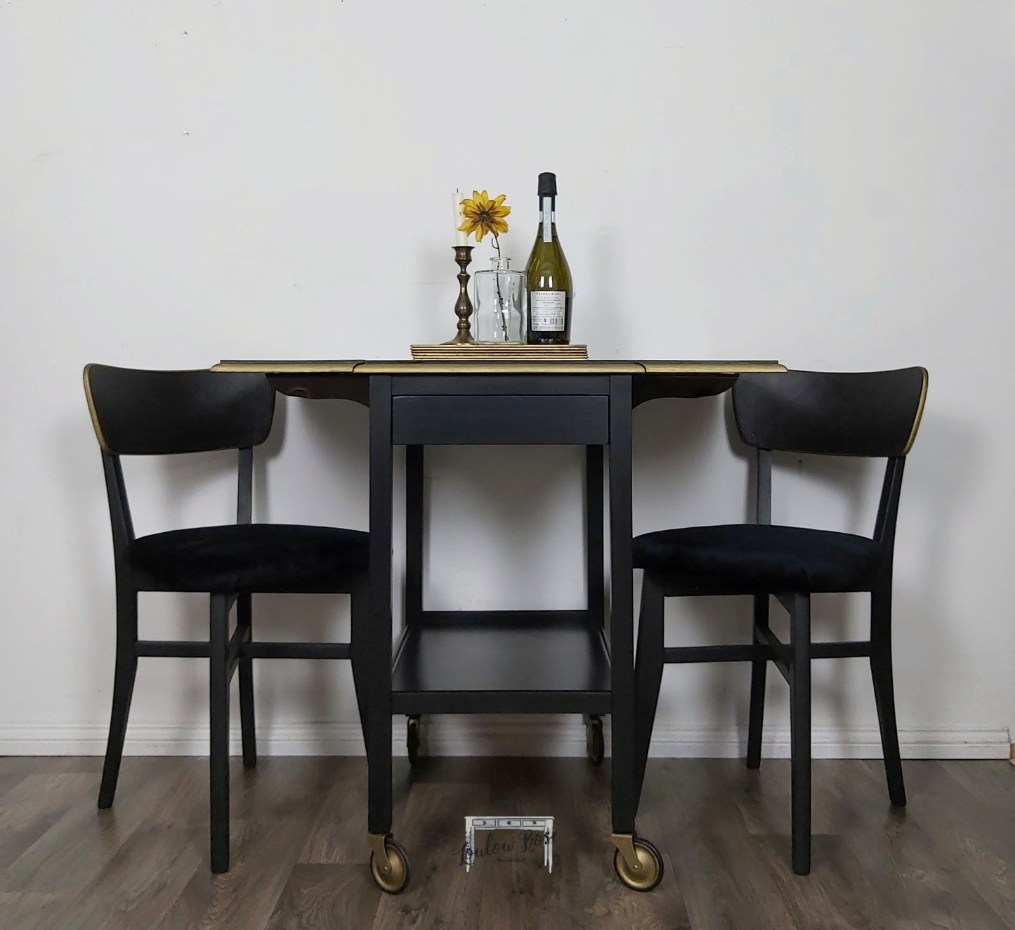 Trolley Table and Chairs in Black and Gold, Drinks Trolley Dining Set