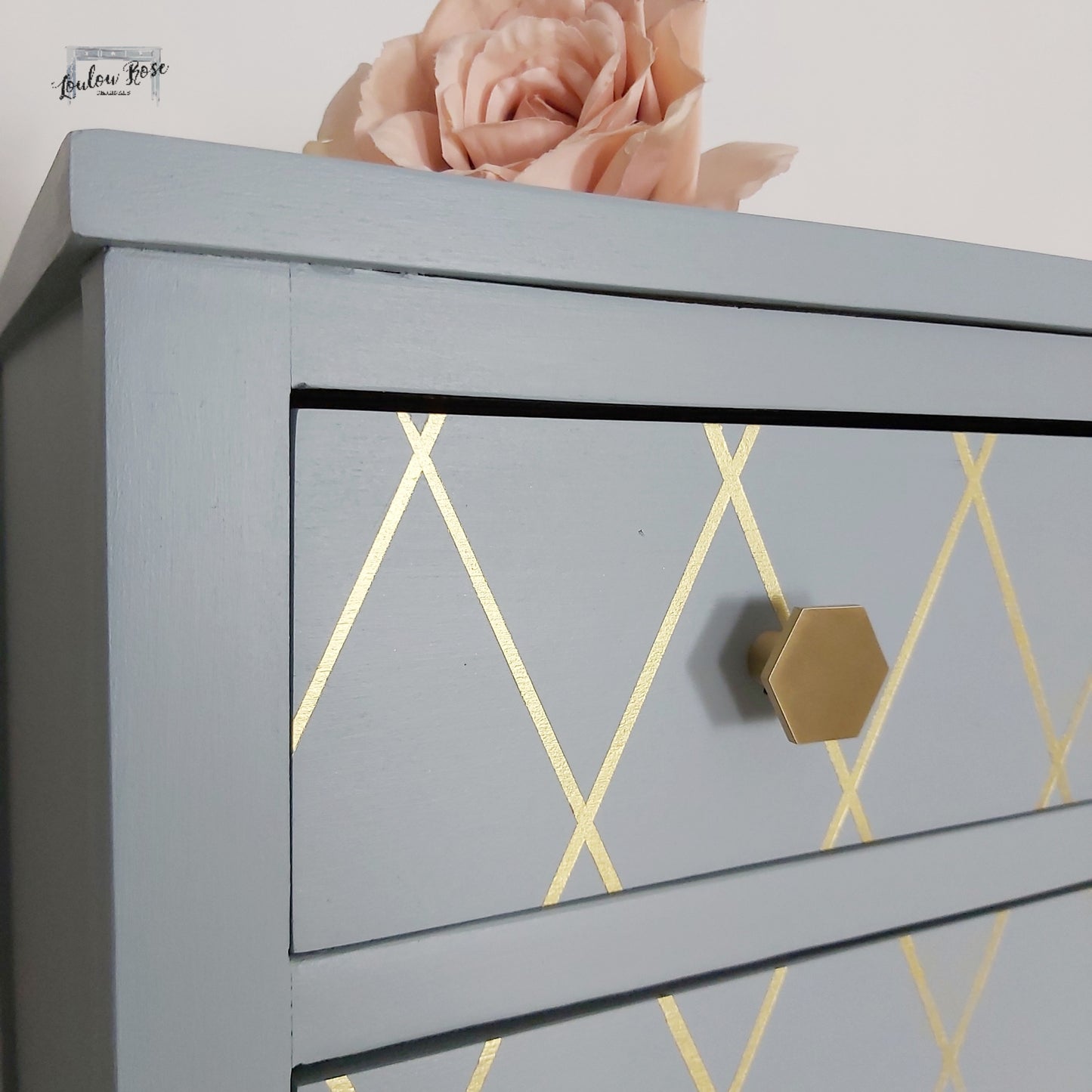 Chest of Drawers in Blue and Gold, Vintage with Queen Anne Legs and Geometric Diamond Design