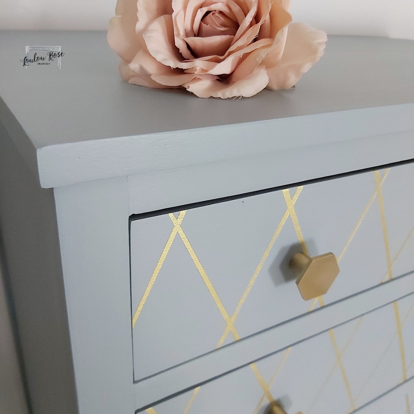 Chest of Drawers in Blue and Gold, Vintage with Queen Anne Legs and Geometric Diamond Design