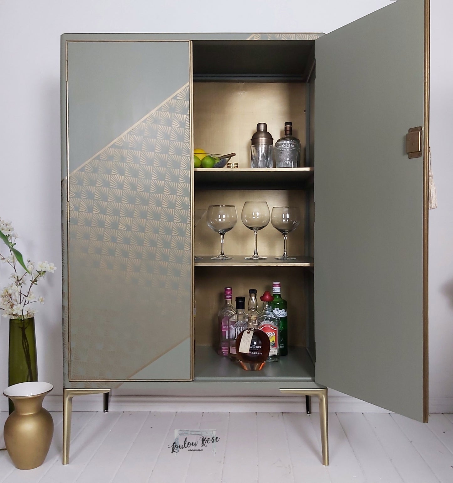 Cocktail Cabinet, Green with Gold Stencilling