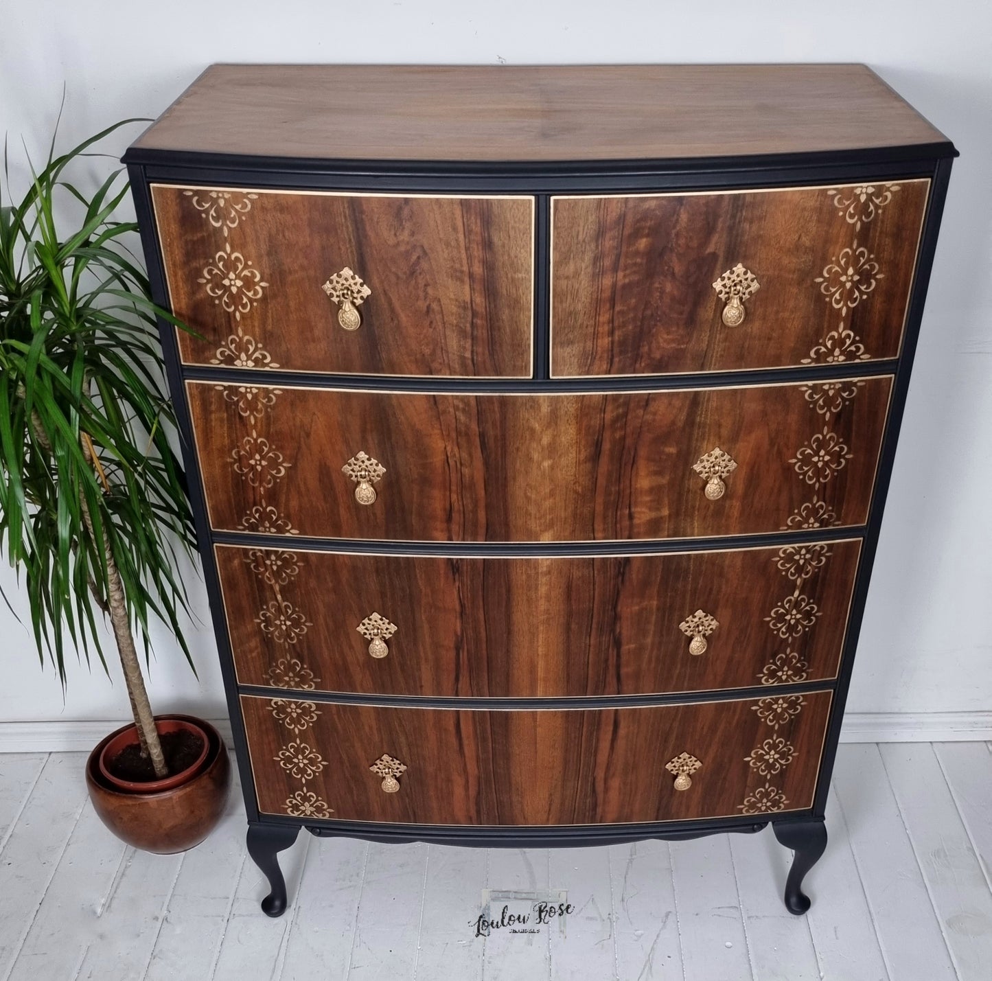 Chest of Drawers in Dark Blue with Gold Stencilling and Natural Wood Drawers and Top