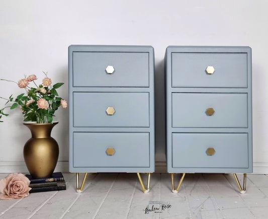 Bedside Cabinets in Blue with Gold Hairpin Legs