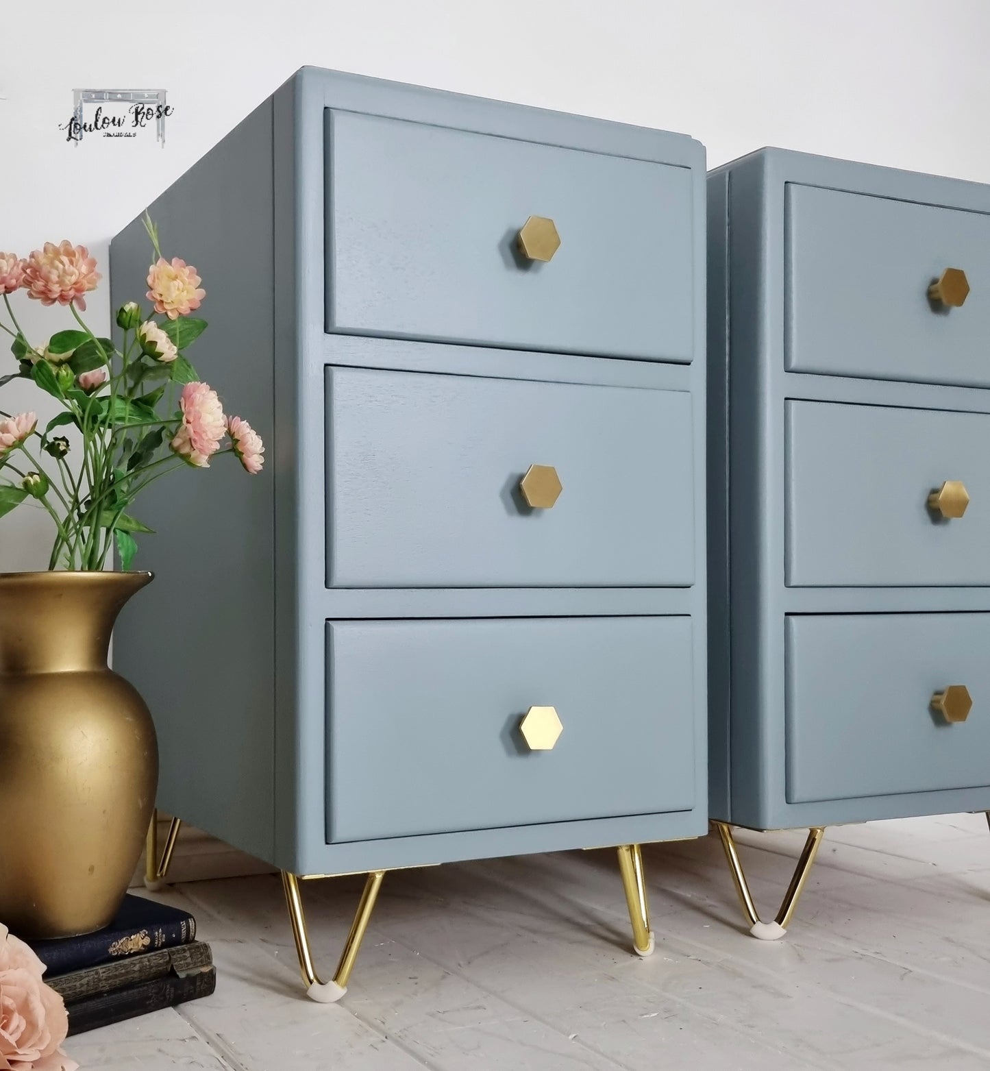 Bedside Cabinets in Blue with Gold Hairpin Legs