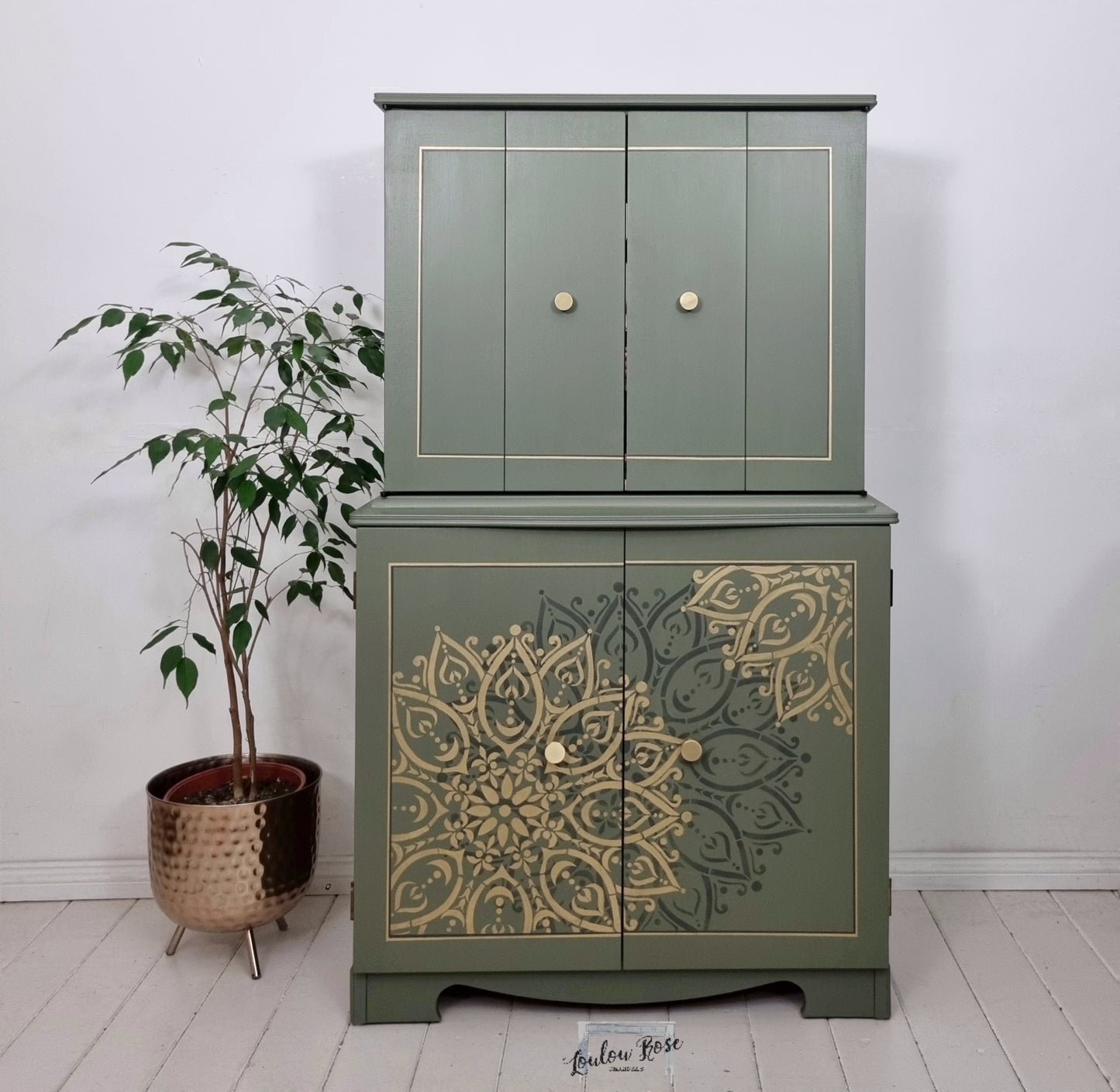 Cocktail Drinks Cabinet in Green with Mandala Stencilling in Green and Gold