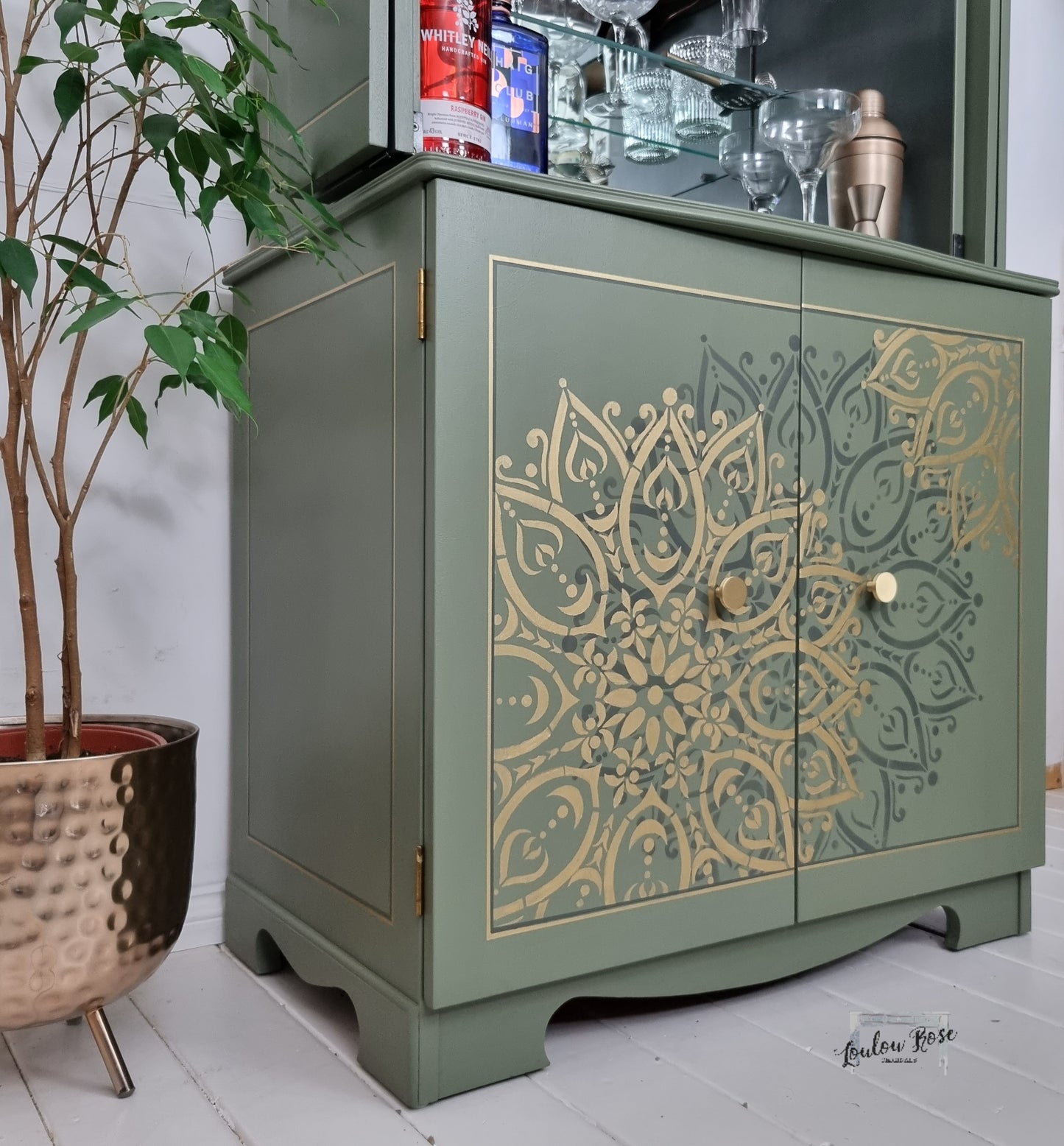 Cocktail Drinks Cabinet in Green with Mandala Stencilling in Green and Gold