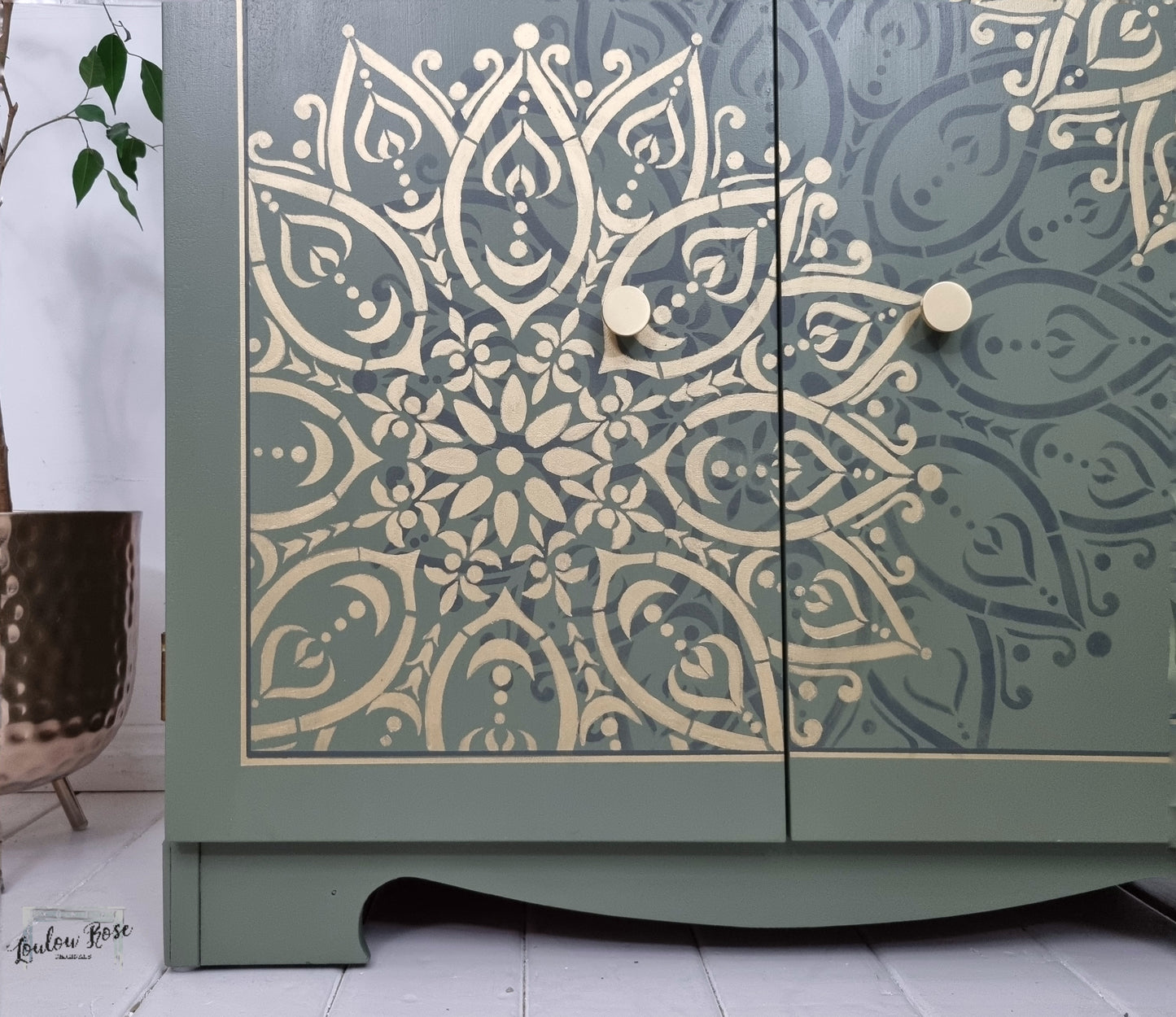 Cocktail Drinks Cabinet in Green with Mandala Stencilling in Green and Gold