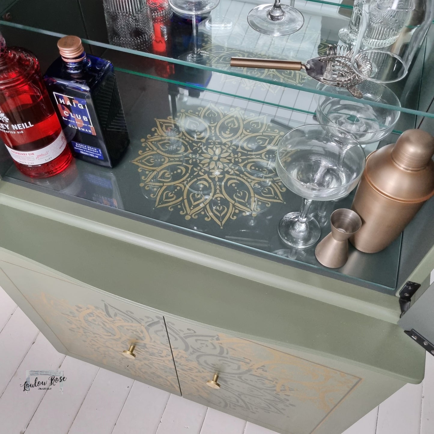 Cocktail Drinks Cabinet in Green with Mandala Stencilling in Green and Gold