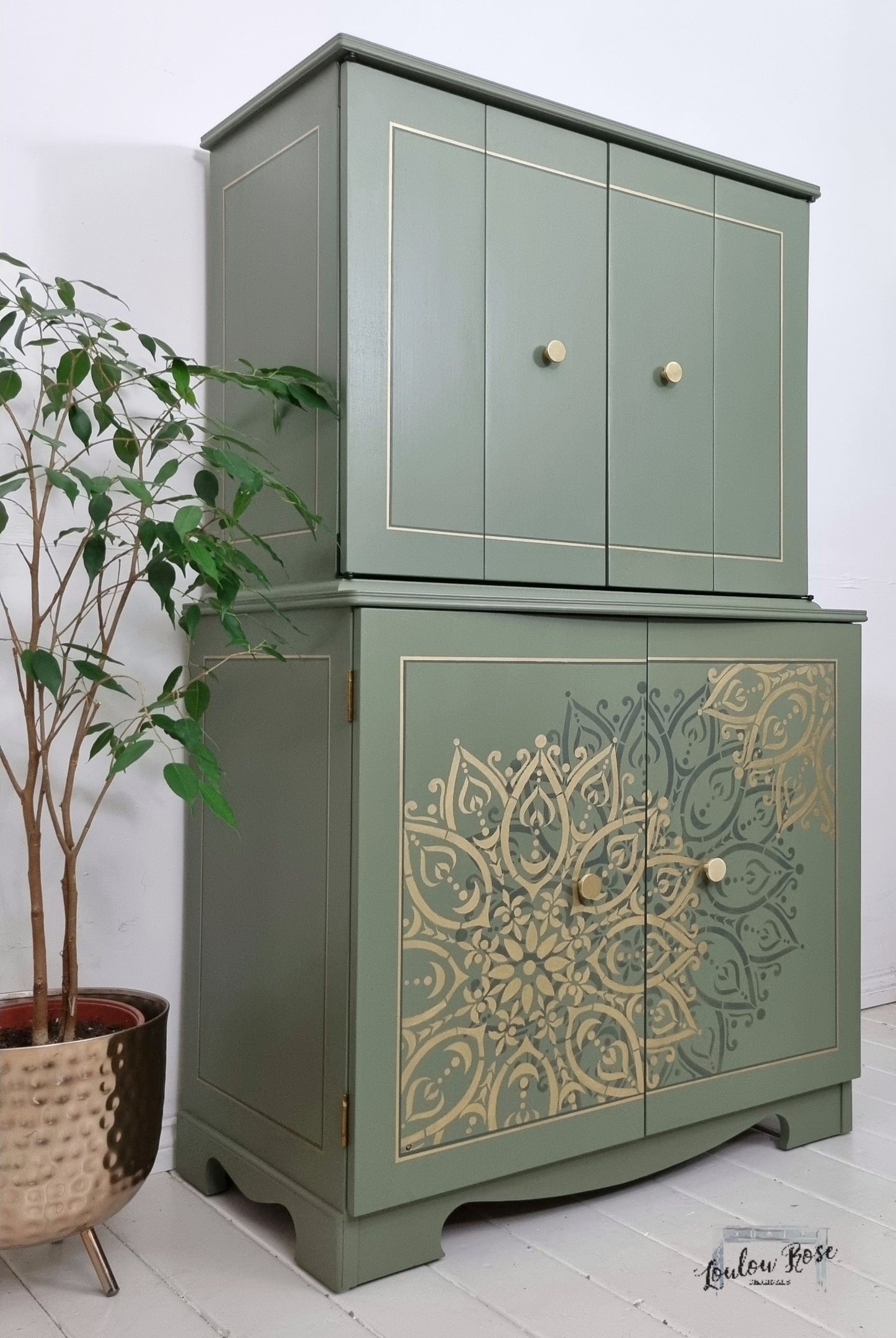 Cocktail Drinks Cabinet in Green with Mandala Stencilling in Green and Gold