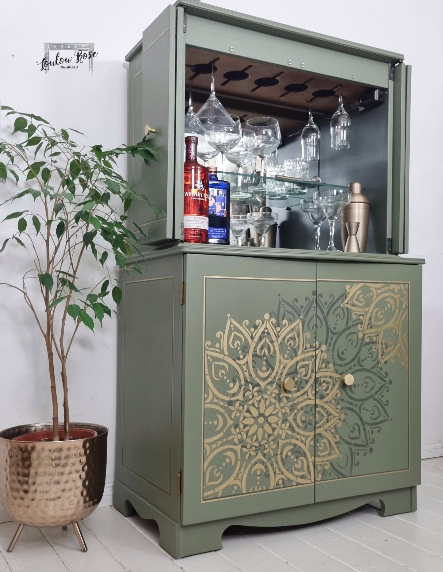 Cocktail Drinks Cabinet in Green with Mandala Stencilling in Green and Gold