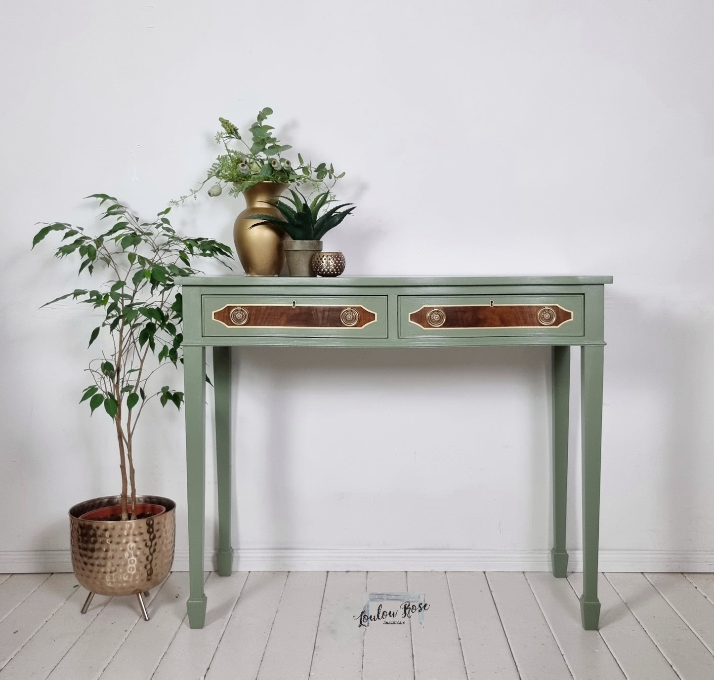 Console or Sofa Table in Green and Gold with Mahogany Top and Drawer Fronts, Bow Fronted with Drawers
