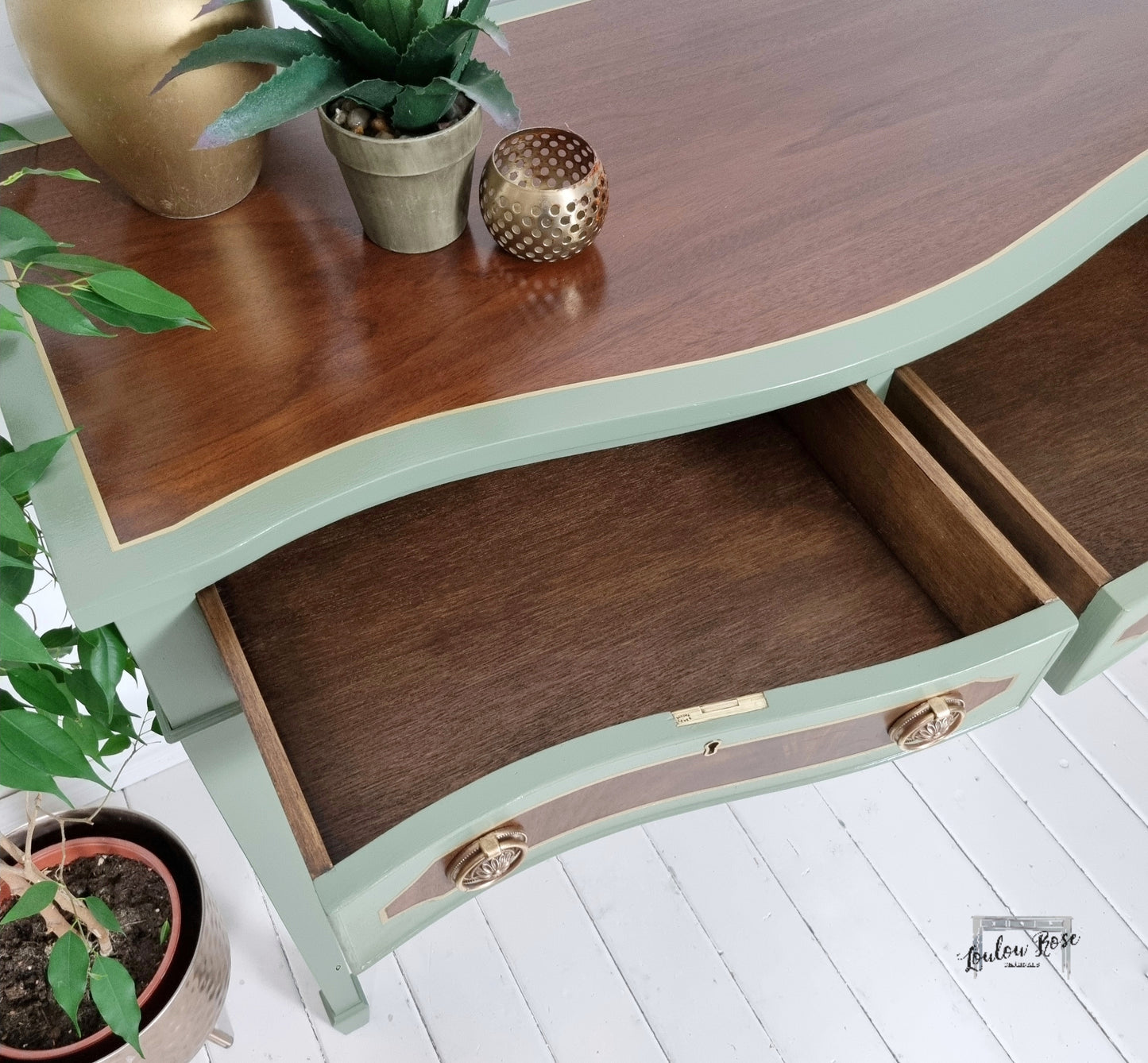 Console or Sofa Table in Green and Gold with Mahogany Top and Drawer Fronts, Bow Fronted with Drawers