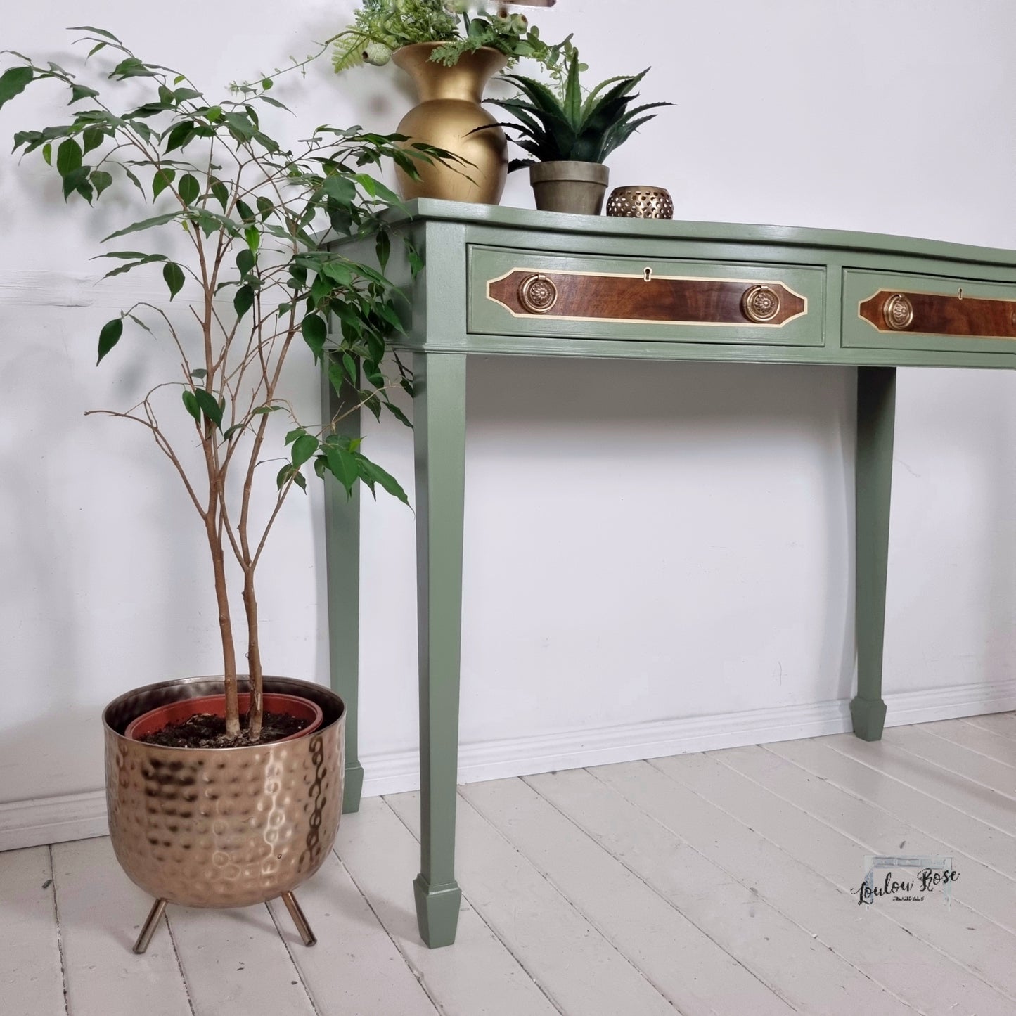 Console or Sofa Table in Green and Gold with Mahogany Top and Drawer Fronts, Bow Fronted with Drawers