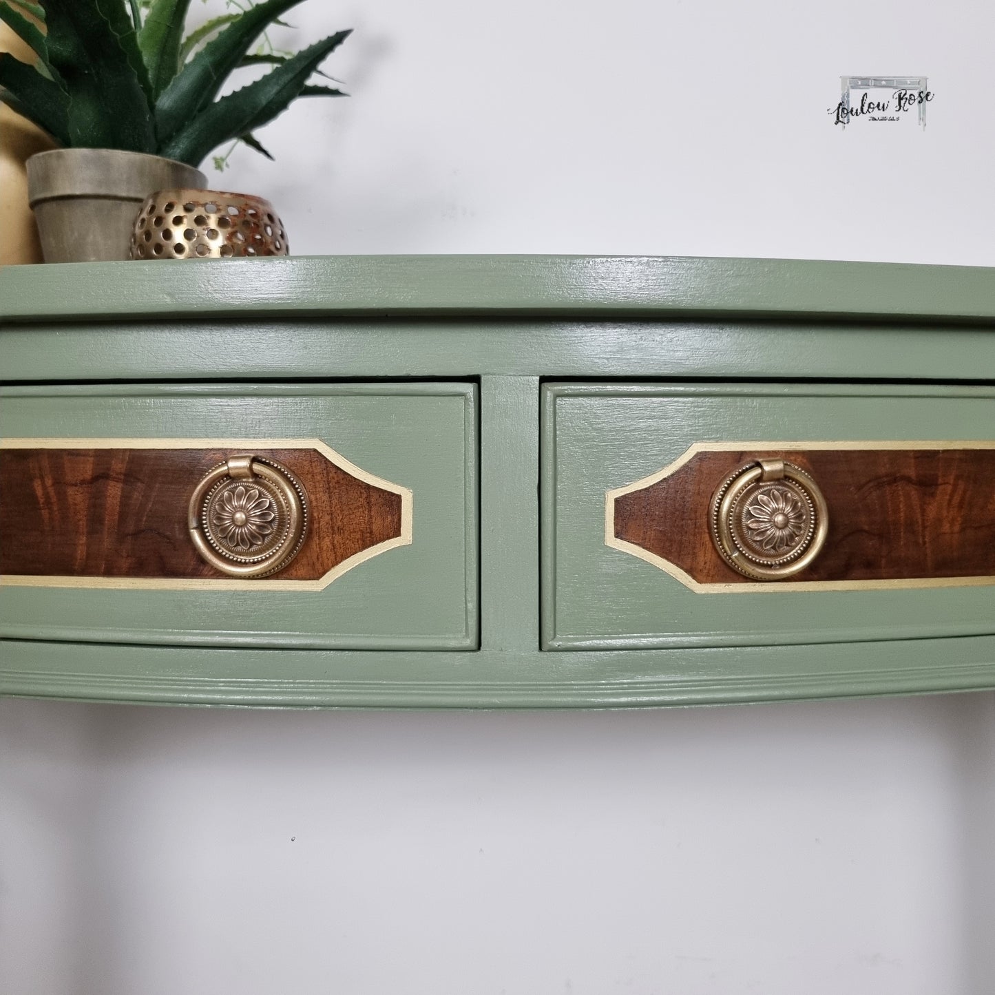 Console or Sofa Table in Green and Gold with Mahogany Top and Drawer Fronts, Bow Fronted with Drawers