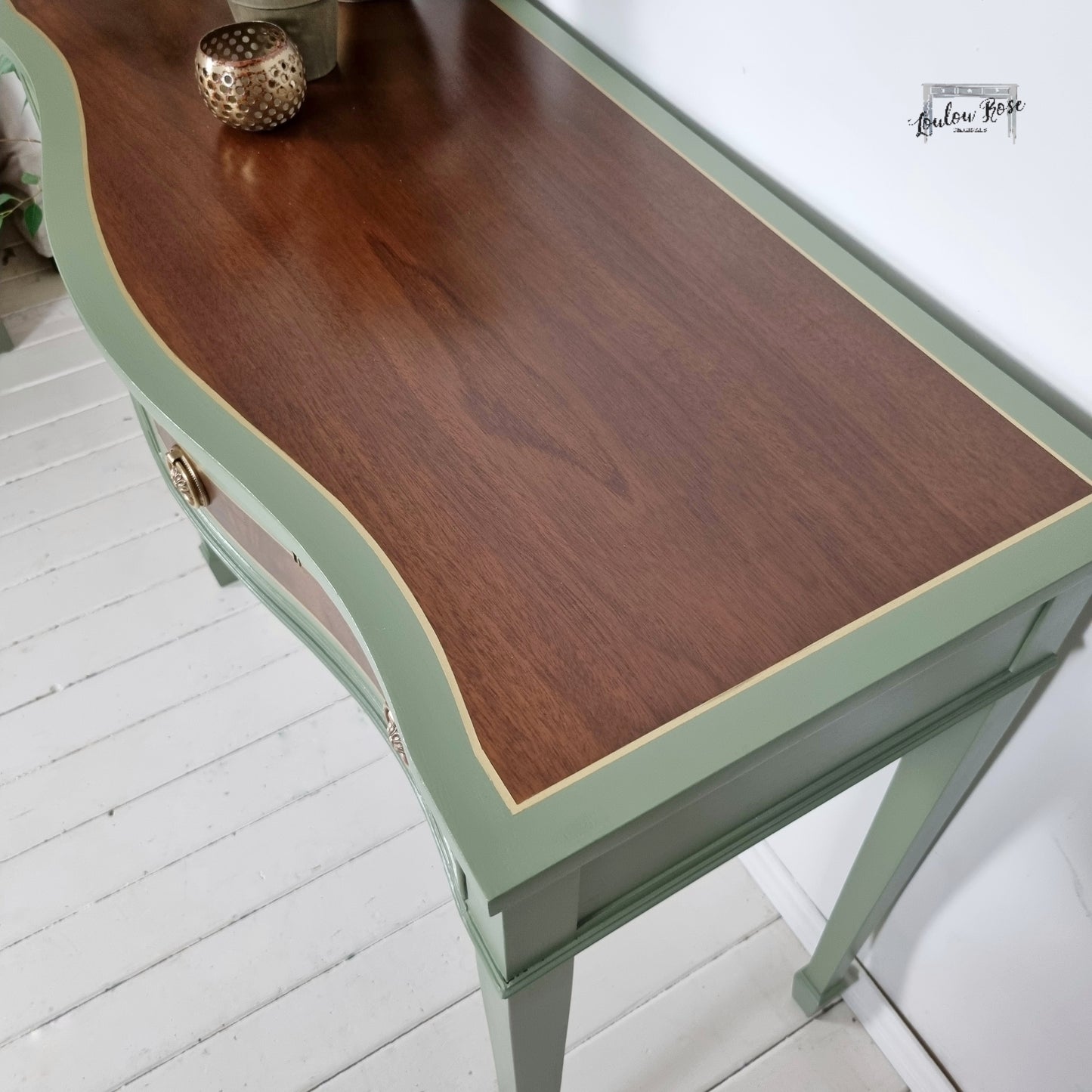 Console or Sofa Table in Green and Gold with Mahogany Top and Drawer Fronts, Bow Fronted with Drawers