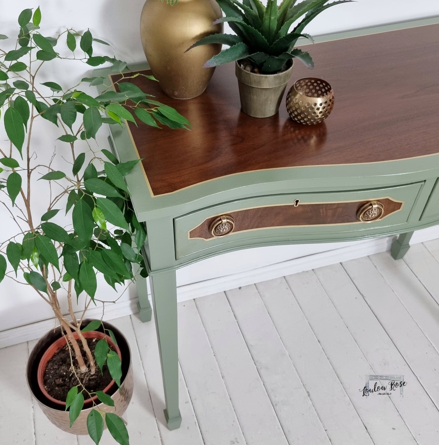 Console or Sofa Table in Green and Gold with Mahogany Top and Drawer Fronts, Bow Fronted with Drawers