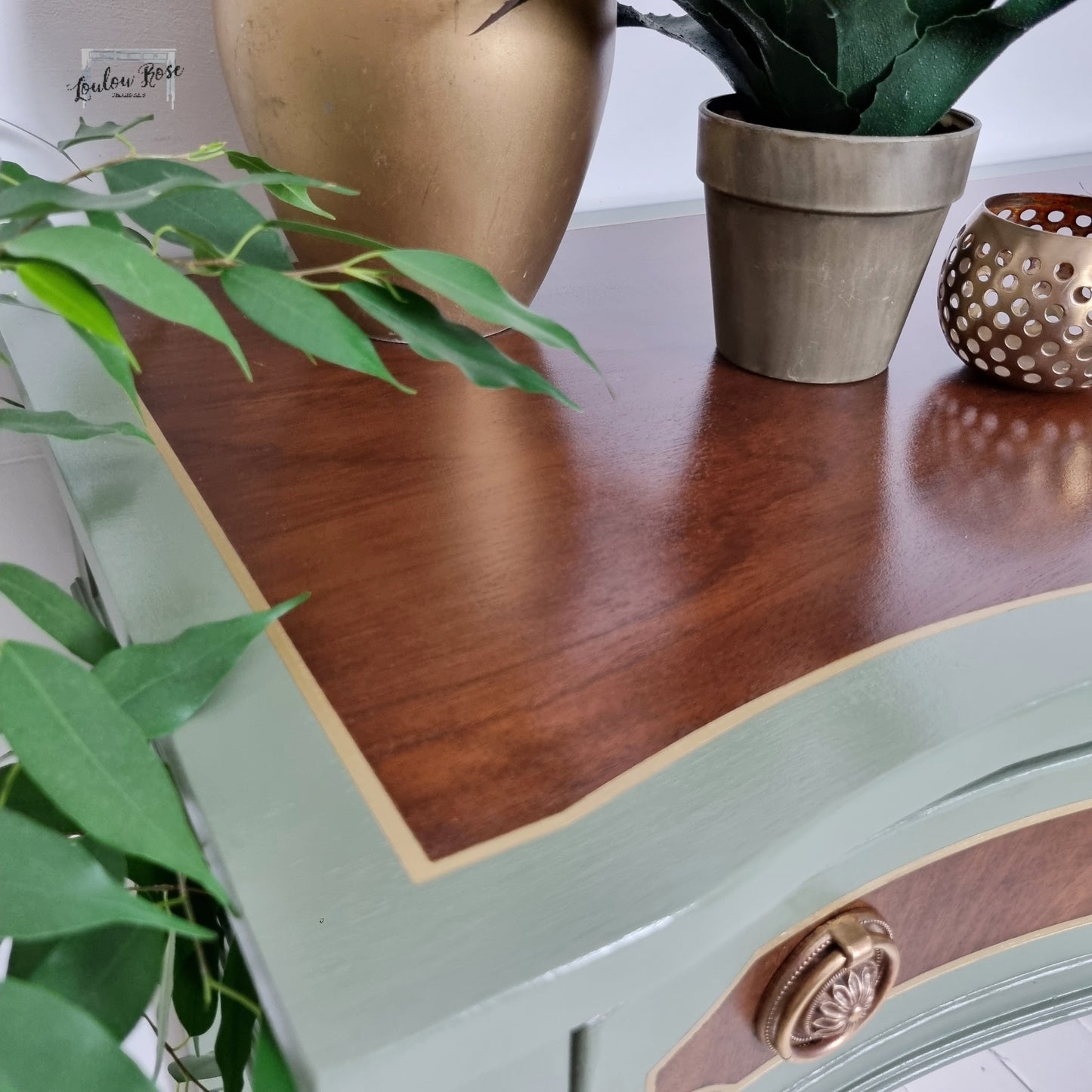 Console or Sofa Table in Green and Gold with Mahogany Top and Drawer Fronts, Bow Fronted with Drawers