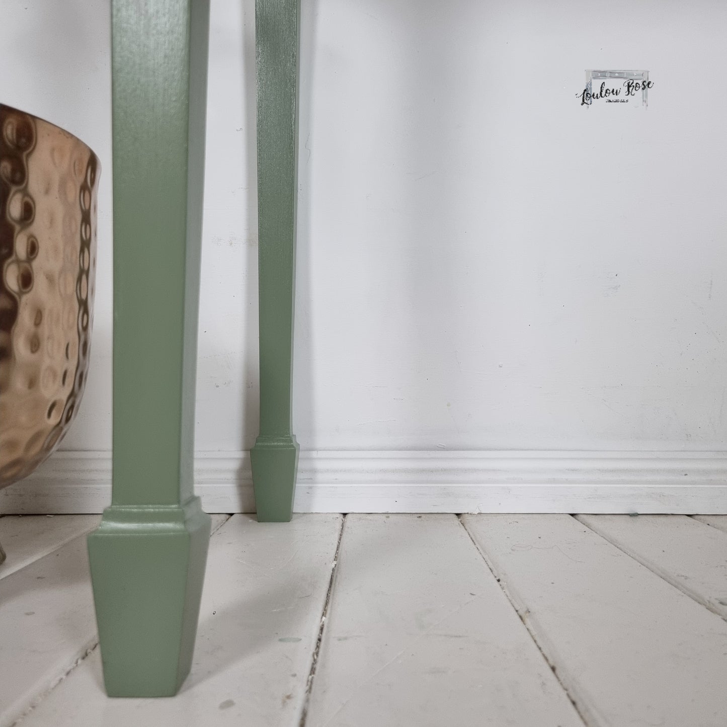 Console or Sofa Table in Green and Gold with Mahogany Top and Drawer Fronts, Bow Fronted with Drawers