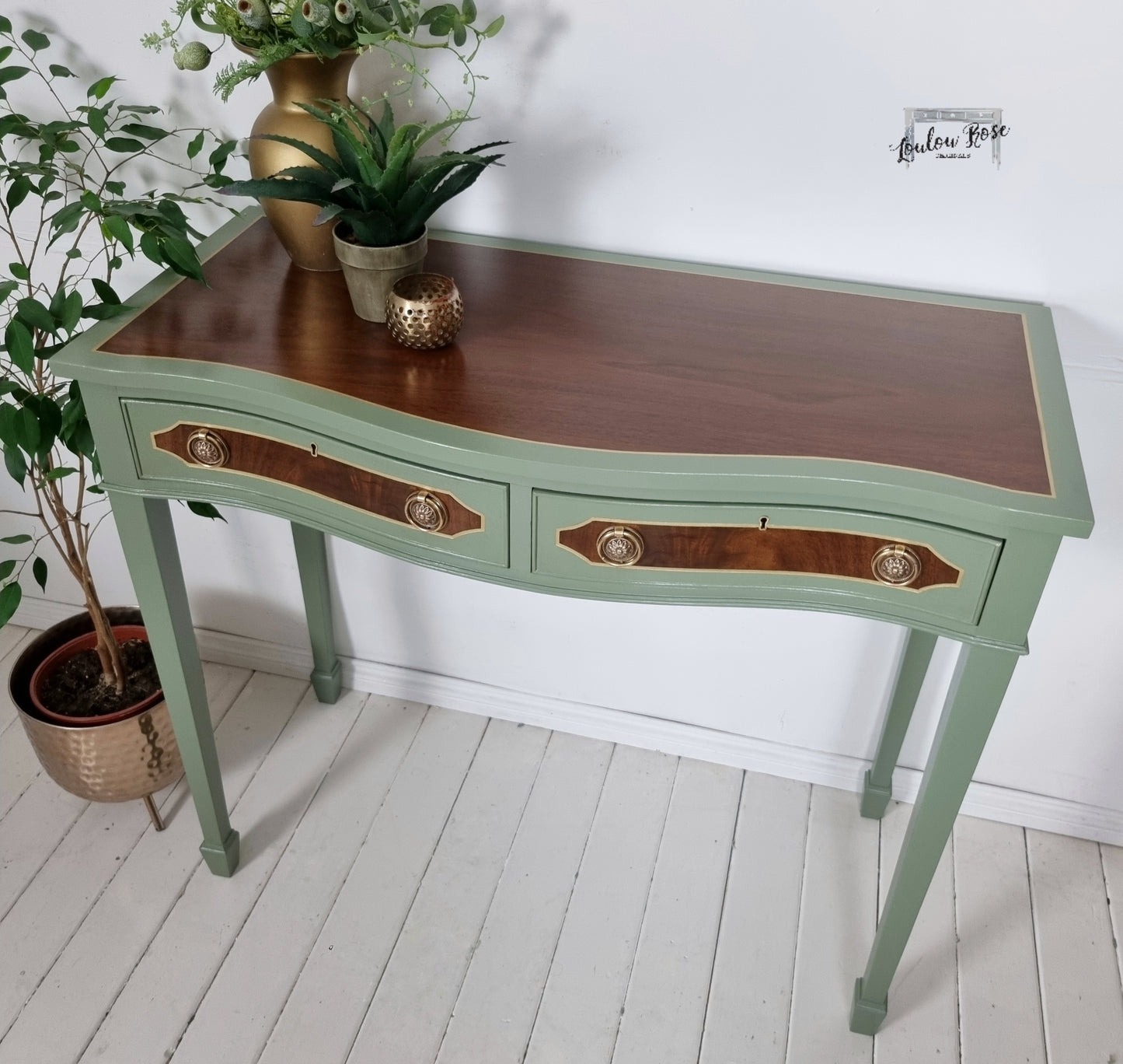 Console or Sofa Table in Green and Gold with Mahogany Top and Drawer Fronts, Bow Fronted with Drawers