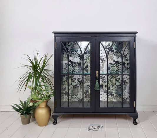 Drinks / Display Cabinet in Black with Green and Black Backing Fabric