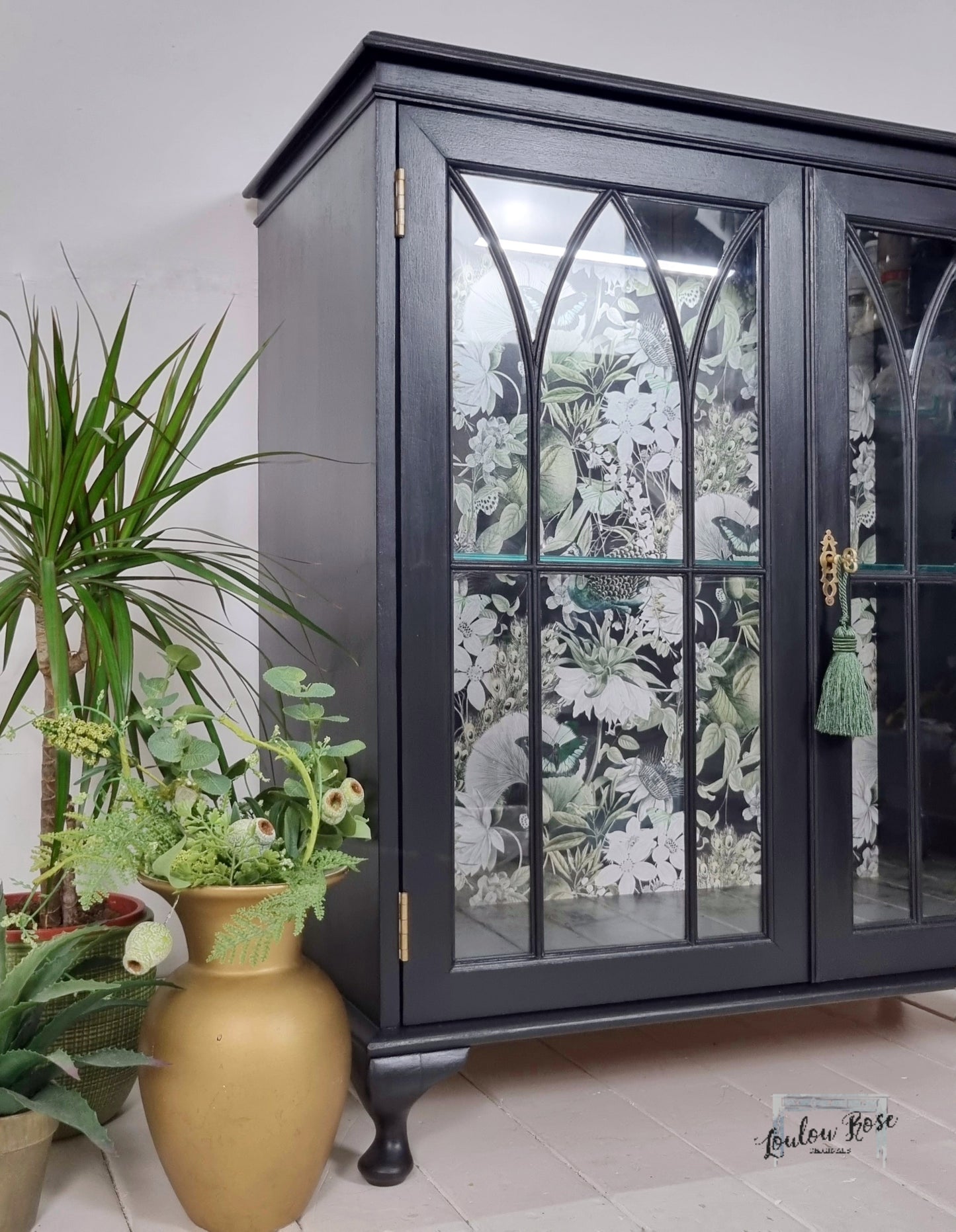 Drinks / Display Cabinet in Black with Green and Black Backing Fabric