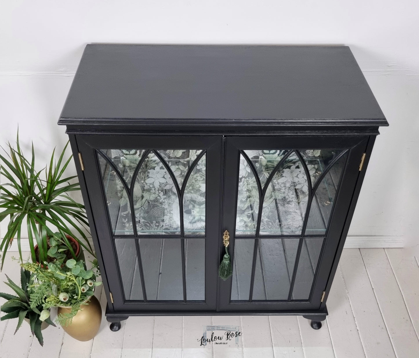 Drinks / Display Cabinet in Black with Green and Black Backing Fabric