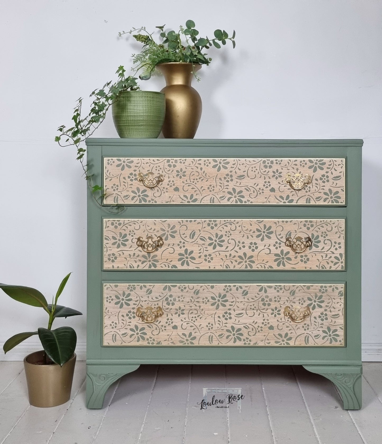 Vintage Oak Chest of Drawers Painted in Green with Stencilled Drawer Fronts