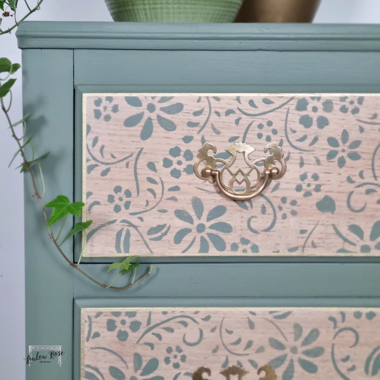 Vintage Oak Chest of Drawers Painted in Green with Stencilled Drawer Fronts