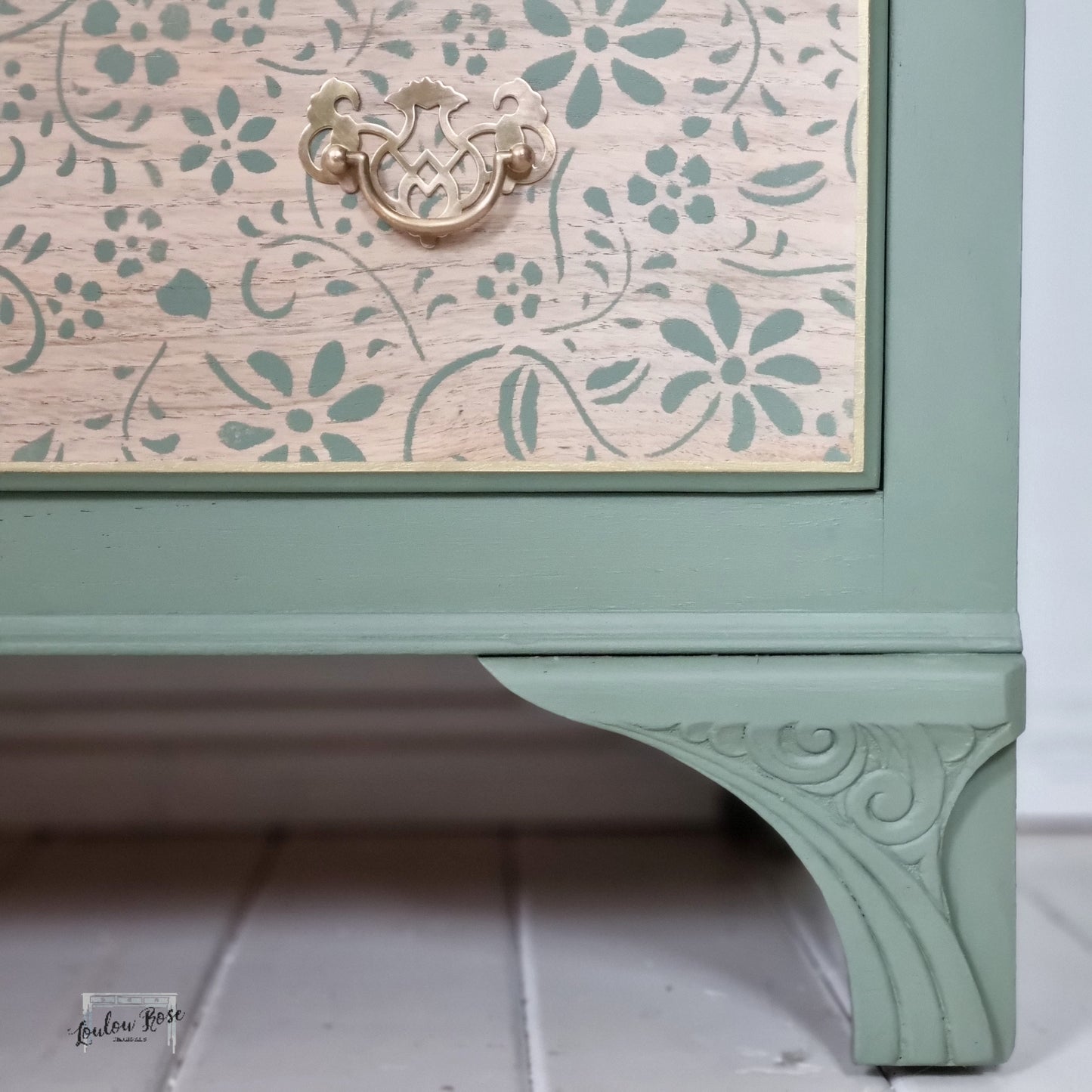 Vintage Oak Chest of Drawers Painted in Green with Stencilled Drawer Fronts