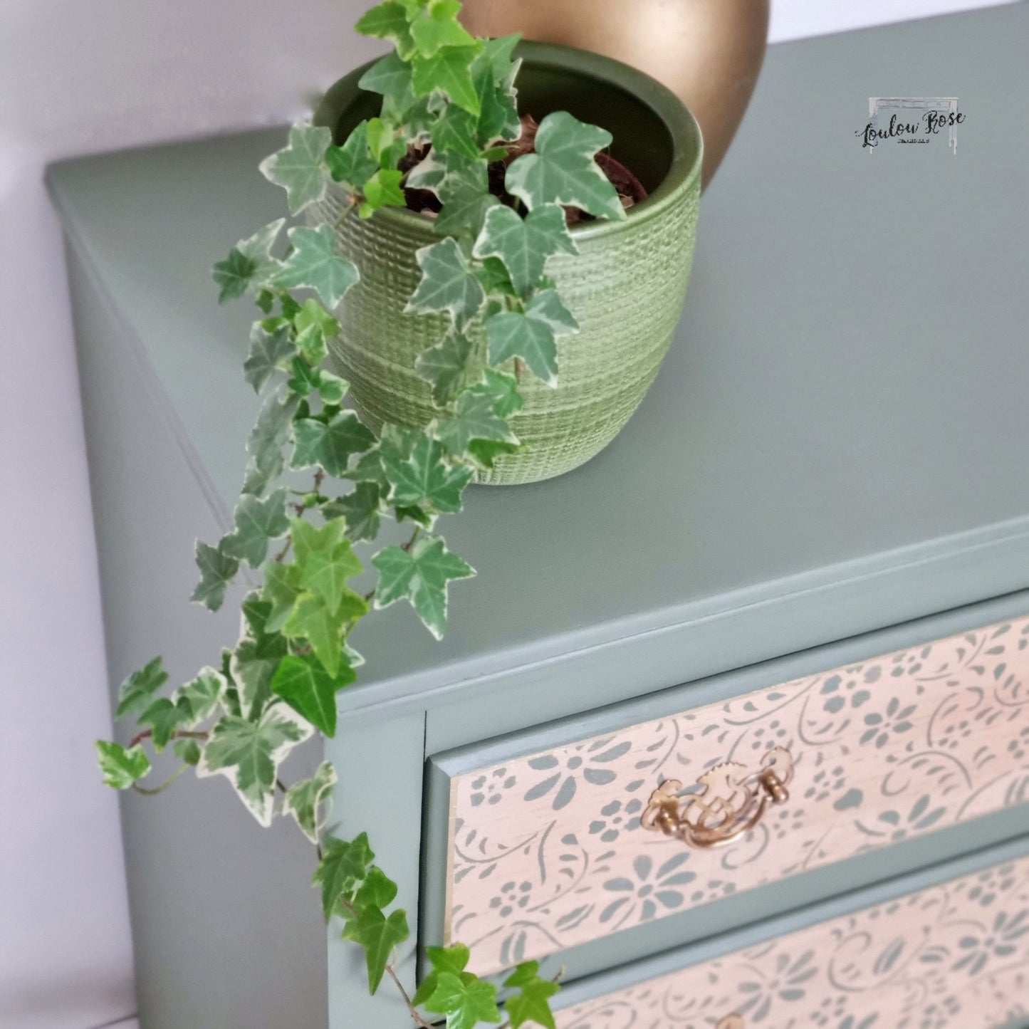 Vintage Oak Chest of Drawers Painted in Green with Stencilled Drawer Fronts