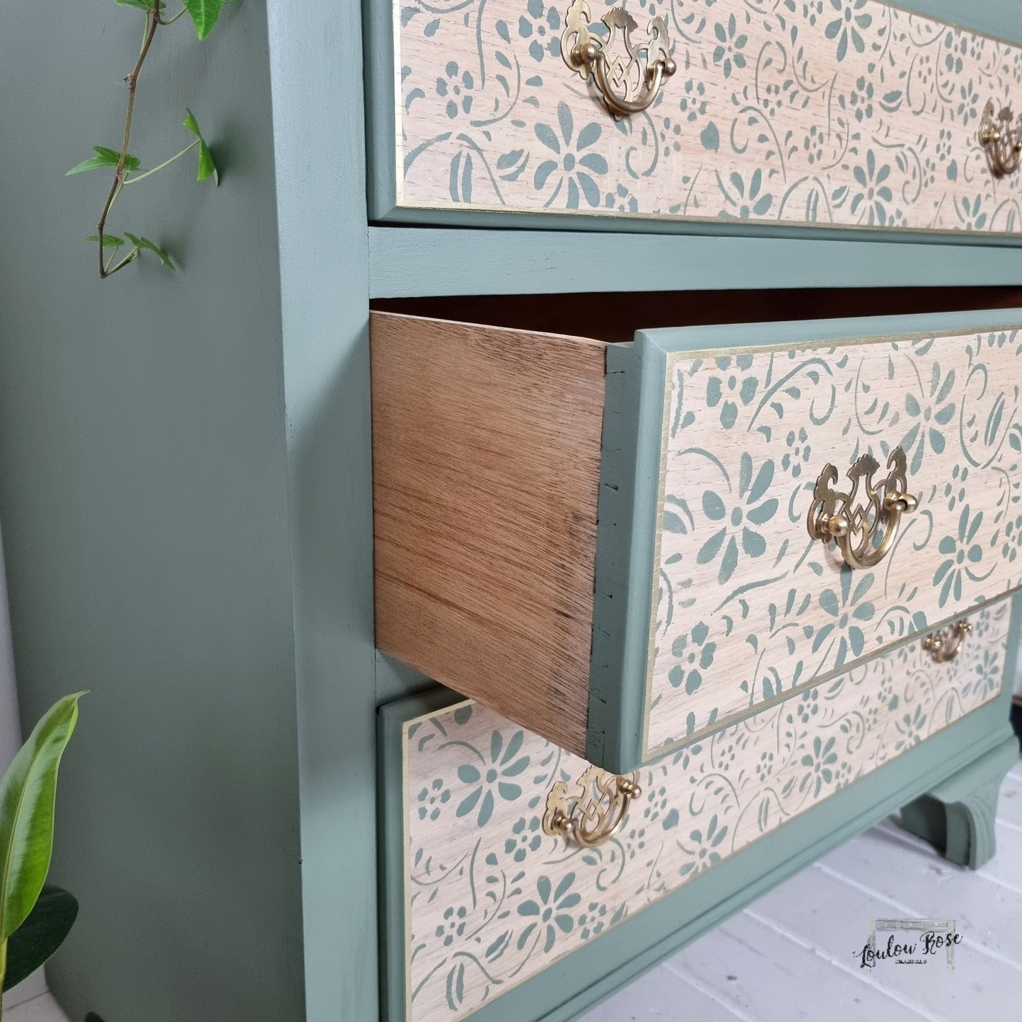 Vintage Oak Chest of Drawers Painted in Green with Stencilled Drawer Fronts