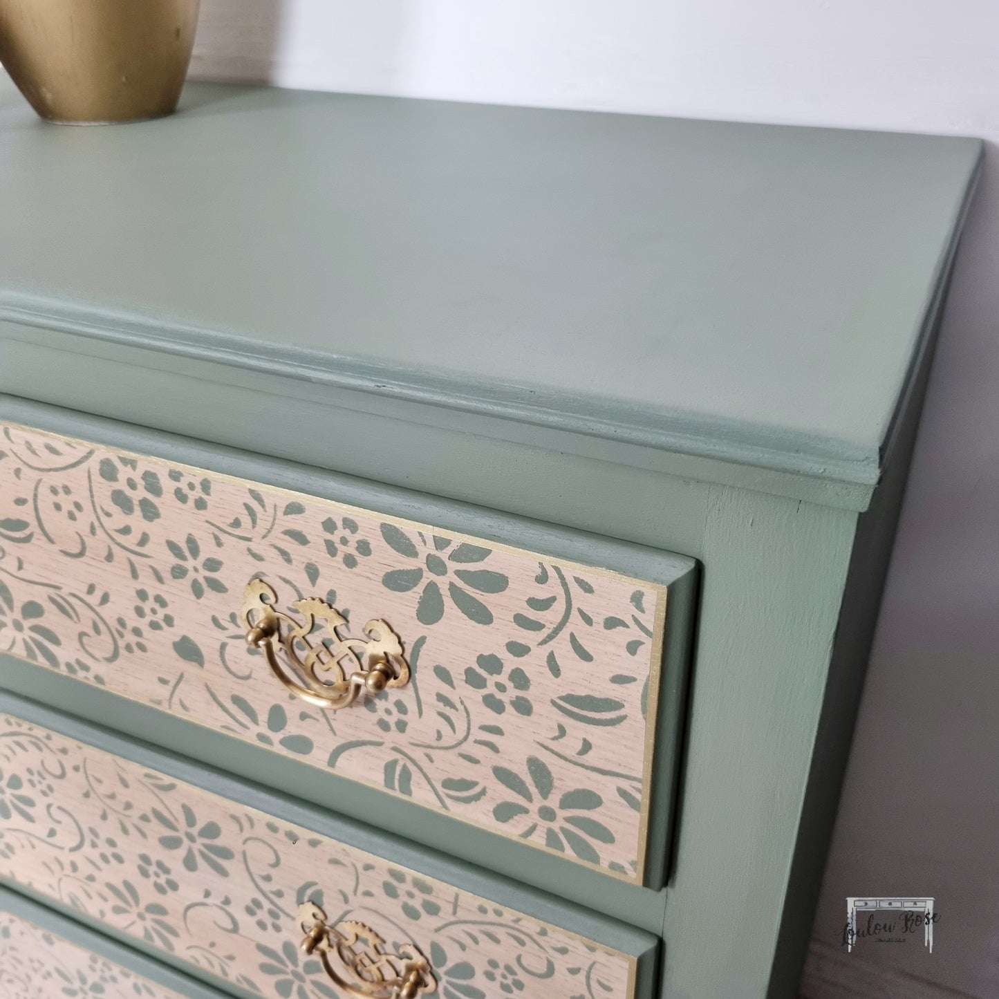 Vintage Oak Chest of Drawers Painted in Green with Stencilled Drawer Fronts