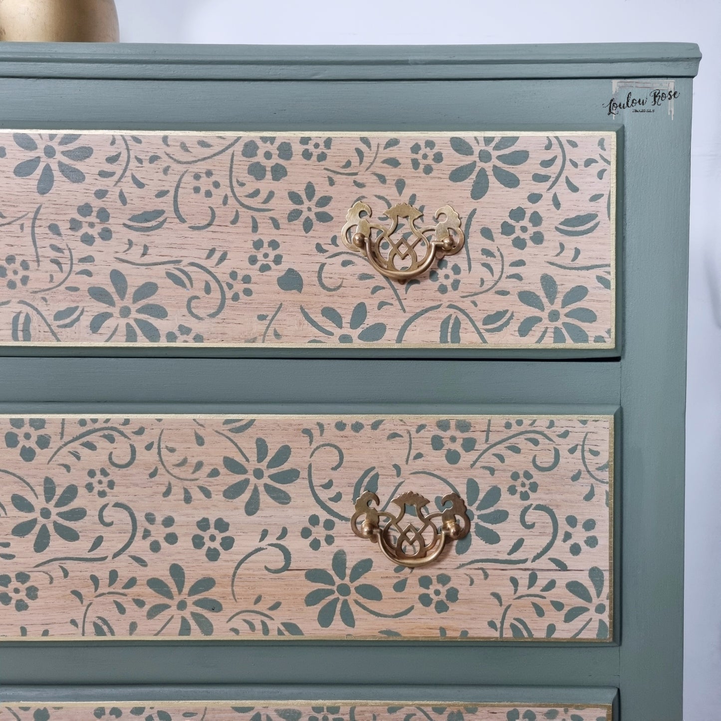 Vintage Oak Chest of Drawers Painted in Green with Stencilled Drawer Fronts