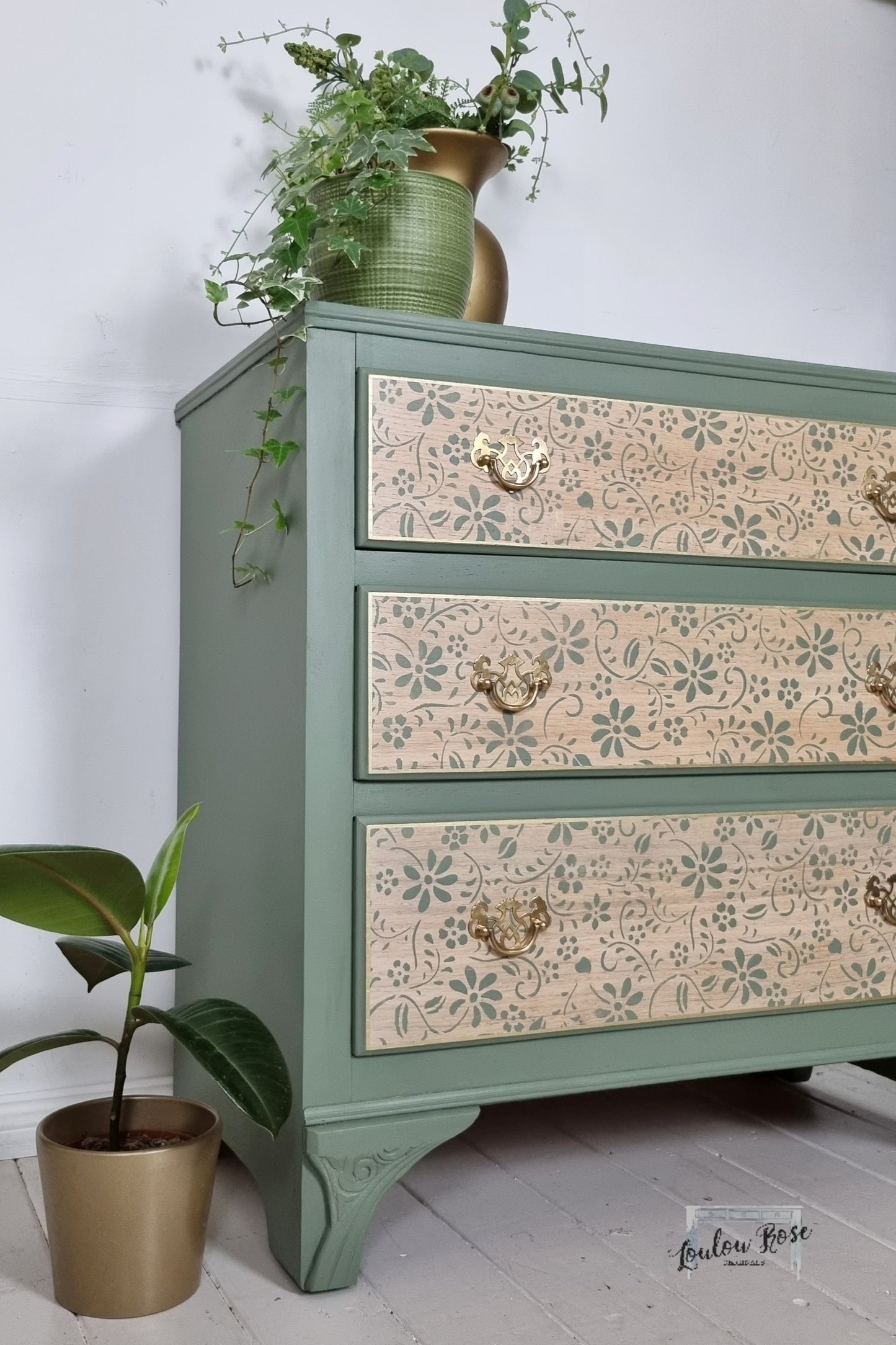 Vintage Oak Chest of Drawers Painted in Green with Stencilled Drawer Fronts