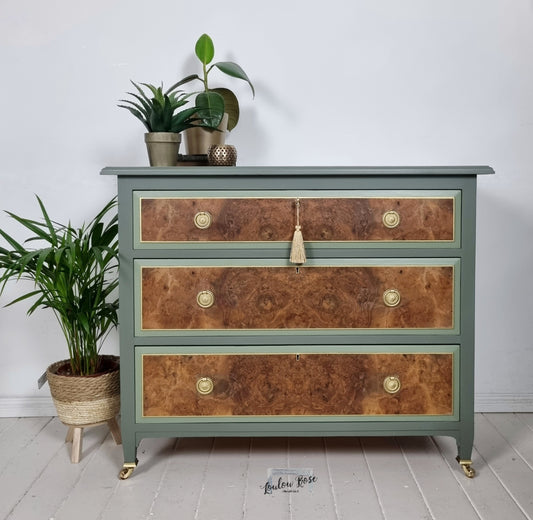 Chest of Drawers in Green with Burr Walnut Drawer Fronts and Gold Details