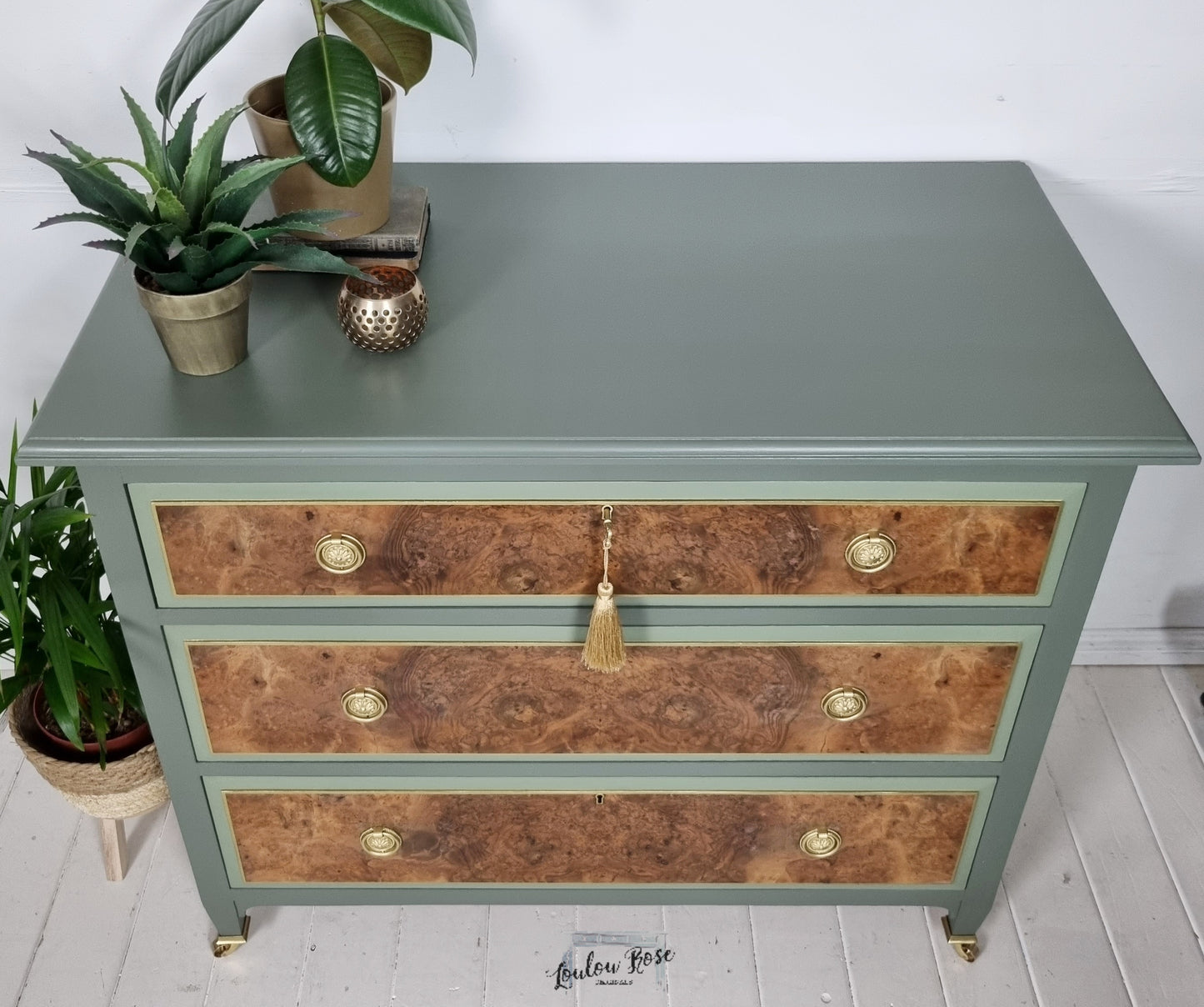 Chest of Drawers in Green with Burr Walnut Drawer Fronts and Gold Details