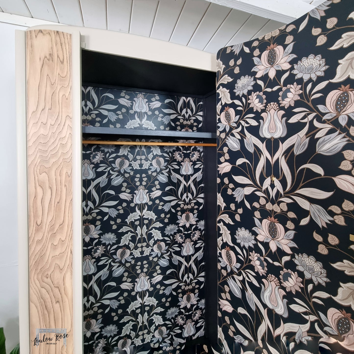 Wardrobe, Hall Robe, Hallway Storage Cupboard in Cream with Beautiful Wood Grain Front and Nouveau Floral Wallpapered Interior