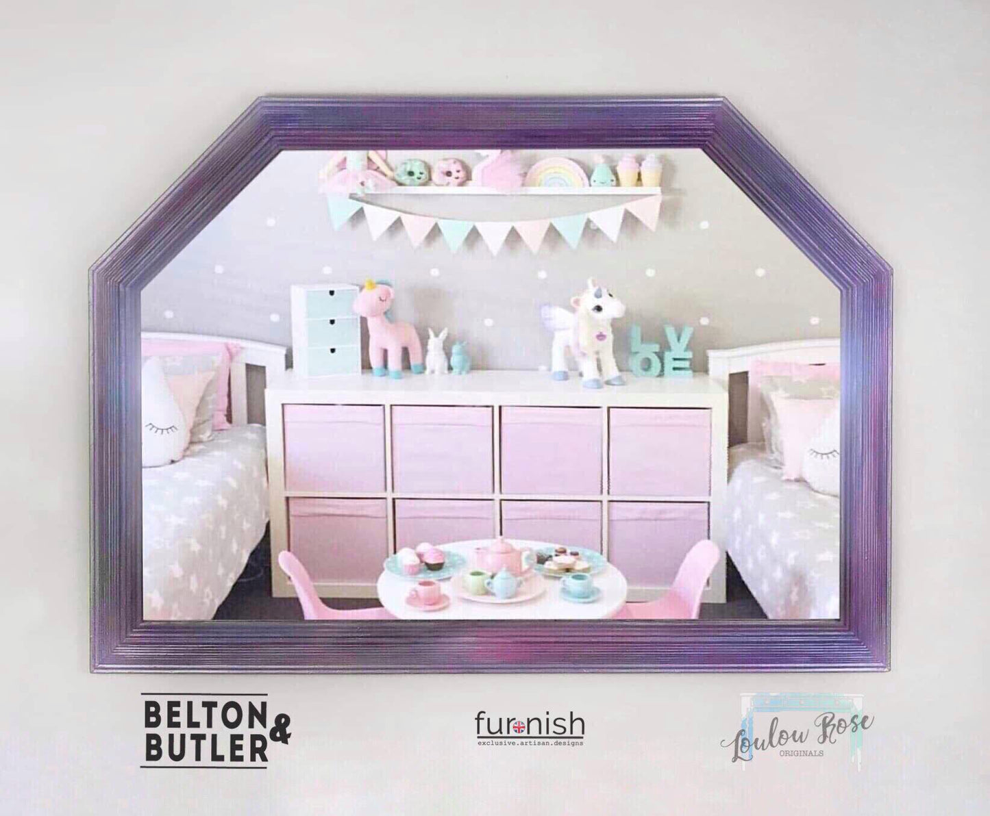 Large Wall Mirror, Hexagonal Painted in Blended Shades of Pink, Purple, Blue and White
