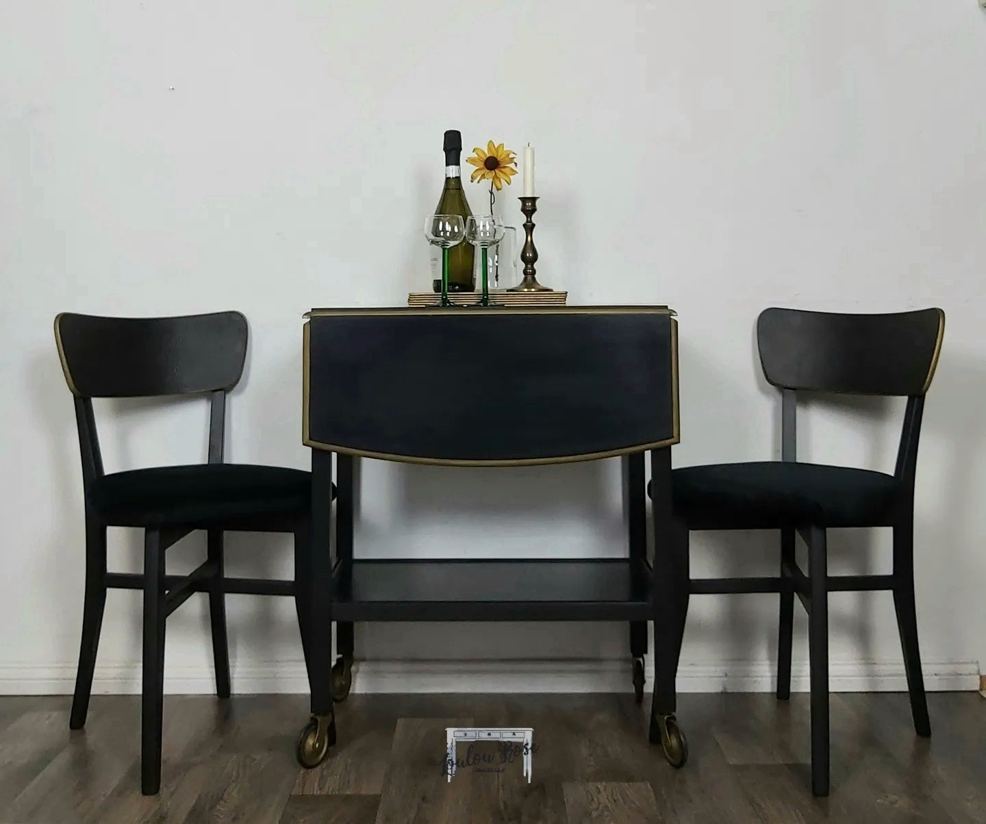 Trolley Table and Chairs in Black and Gold, Drinks Trolley Dining Set