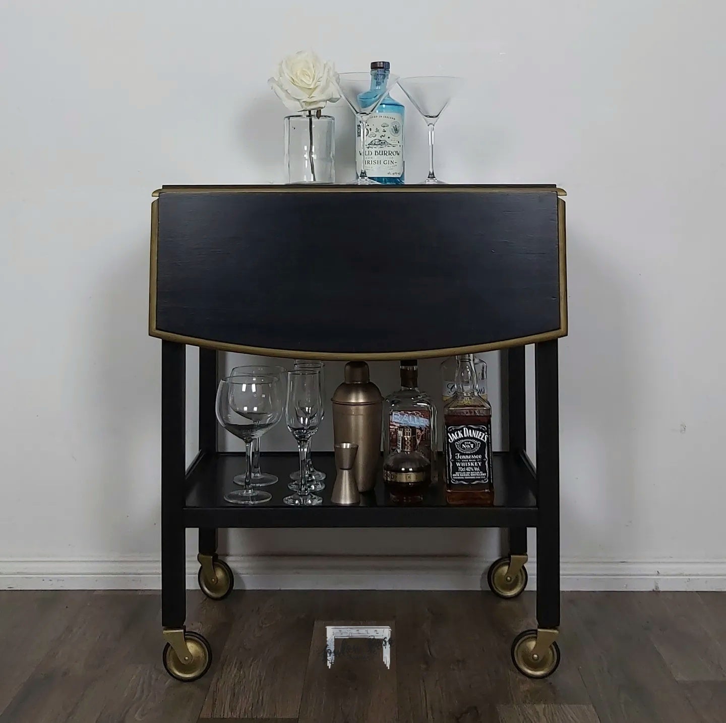 Trolley Table and Chairs in Black and Gold, Drinks Trolley Dining Set