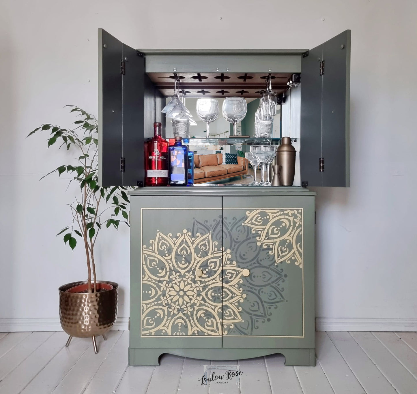 Cocktail Drinks Cabinet in Green with Mandala Stencilling in Green and Gold