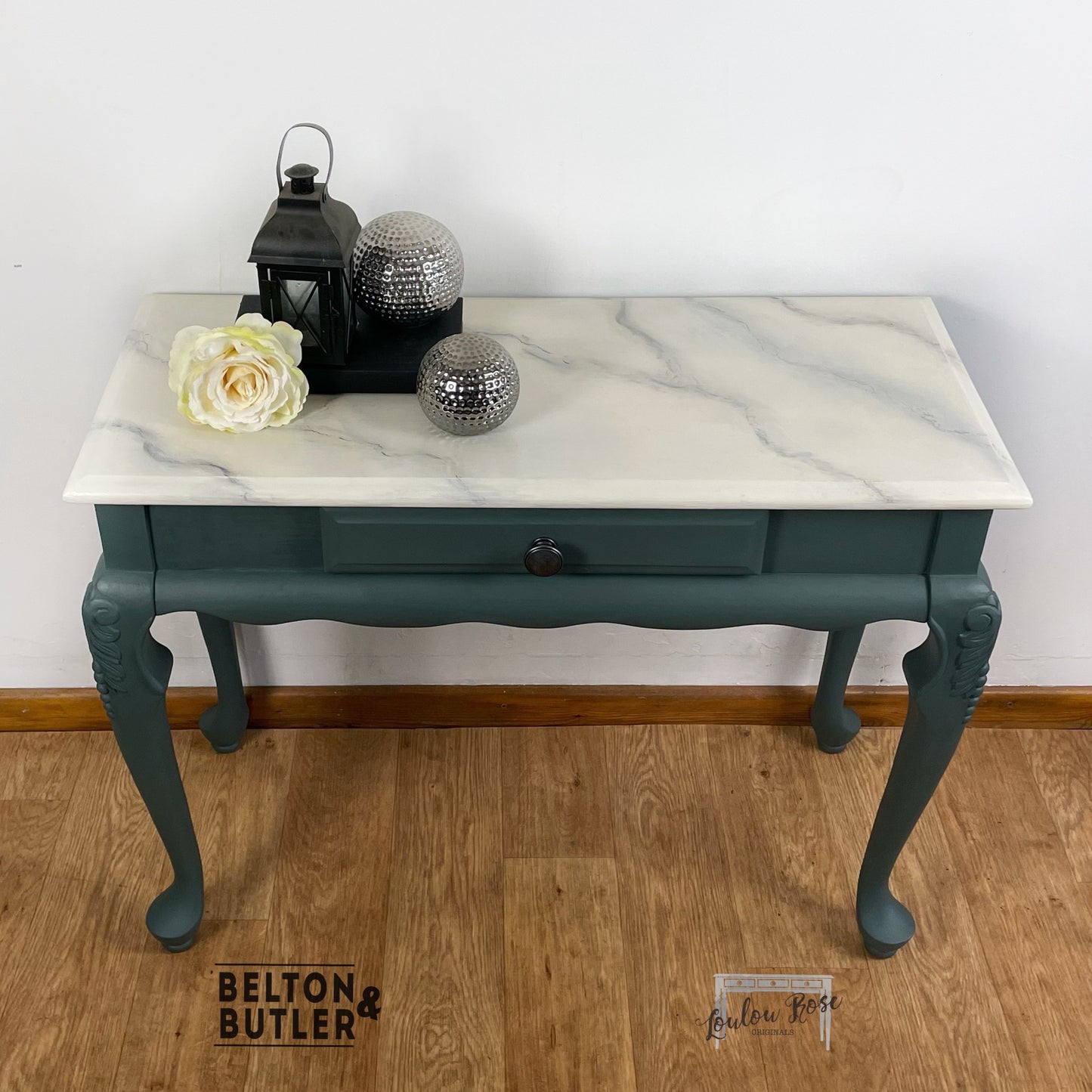 Console Table in Green with Faux Marble Top and Carved Queen Anne Legs